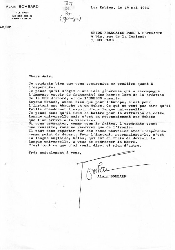 Lettre d'Alain Bombard, le 19 mai 1981, soit trois jours avant sa nomination comme secrétaire d'État à l'environnement du premier gouvernement Mauroy